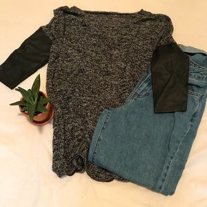 Gray sweater with leather sleeves